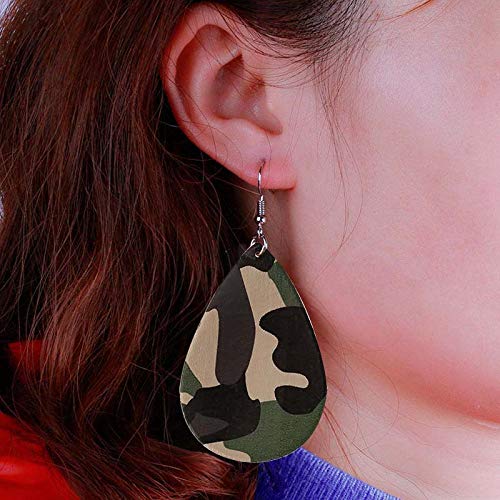 Camo Earrings for Women,Camouflage Leather Dangle Earrings Cool Lightweight Teardrop Green Camouflage Leather Drop Earrings