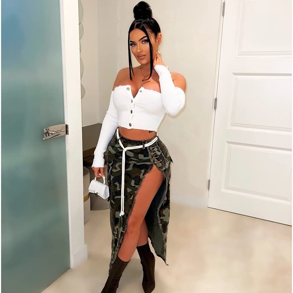 THLAI Women Midi Skirt Camo Cargo Skirt for Women Sexy High Split Skirt Maxi Skirts Novelty Skirts