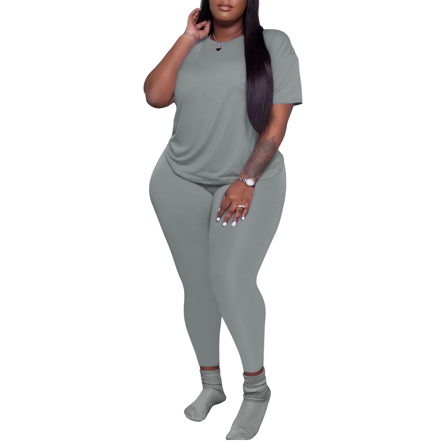 PINSV Women's Plus Size 2 Piece Outfits Tracksuits Short Sleeve Top Pants Sets Sweatsuits