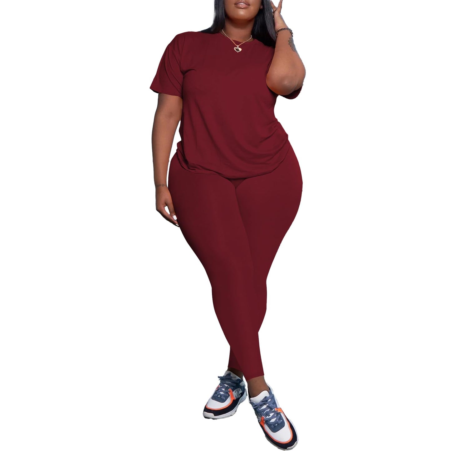 PINSV Women's Plus Size 2 Piece Outfits Tracksuits Short Sleeve Top Pants Sets Sweatsuits