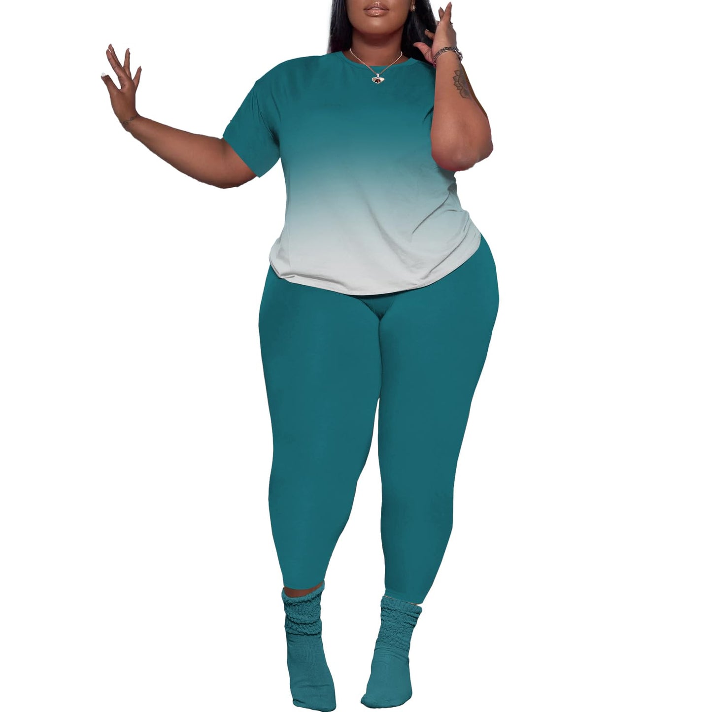 PINSV Women's Plus Size 2 Piece Outfits Tracksuits Short Sleeve Top Pants Sets Sweatsuits