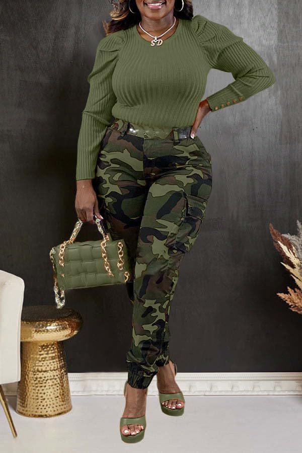 Woman's Casual Camouflage Camo Cargo Long Pants with Pockets