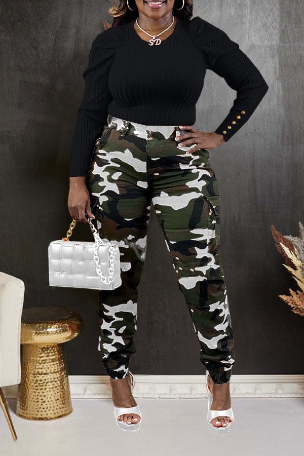 Woman's Casual Camouflage Camo Cargo Long Pants with Pockets