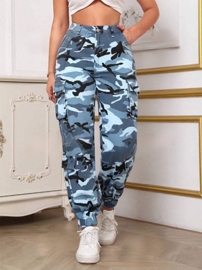 Women's Cargo Jogger Camo Pants with Pockets High Waist Slim Casual Tapered Camouflage Combat Hiking Pants