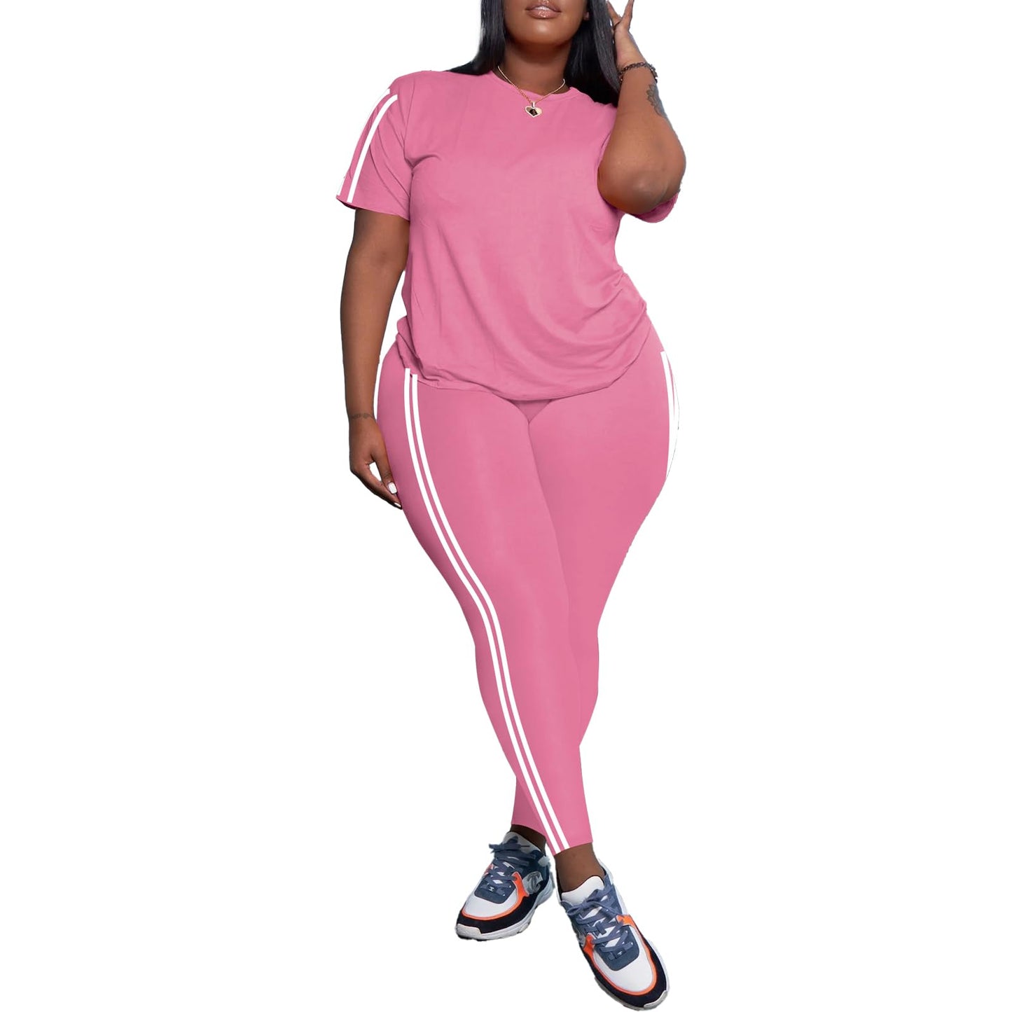 PINSV Women's Plus Size 2 Piece Outfits Tracksuits Short Sleeve Top Pants Sets Sweatsuits