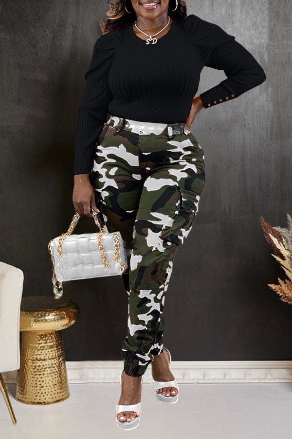 Woman's Casual Camouflage Camo Cargo Long Pants with Pockets