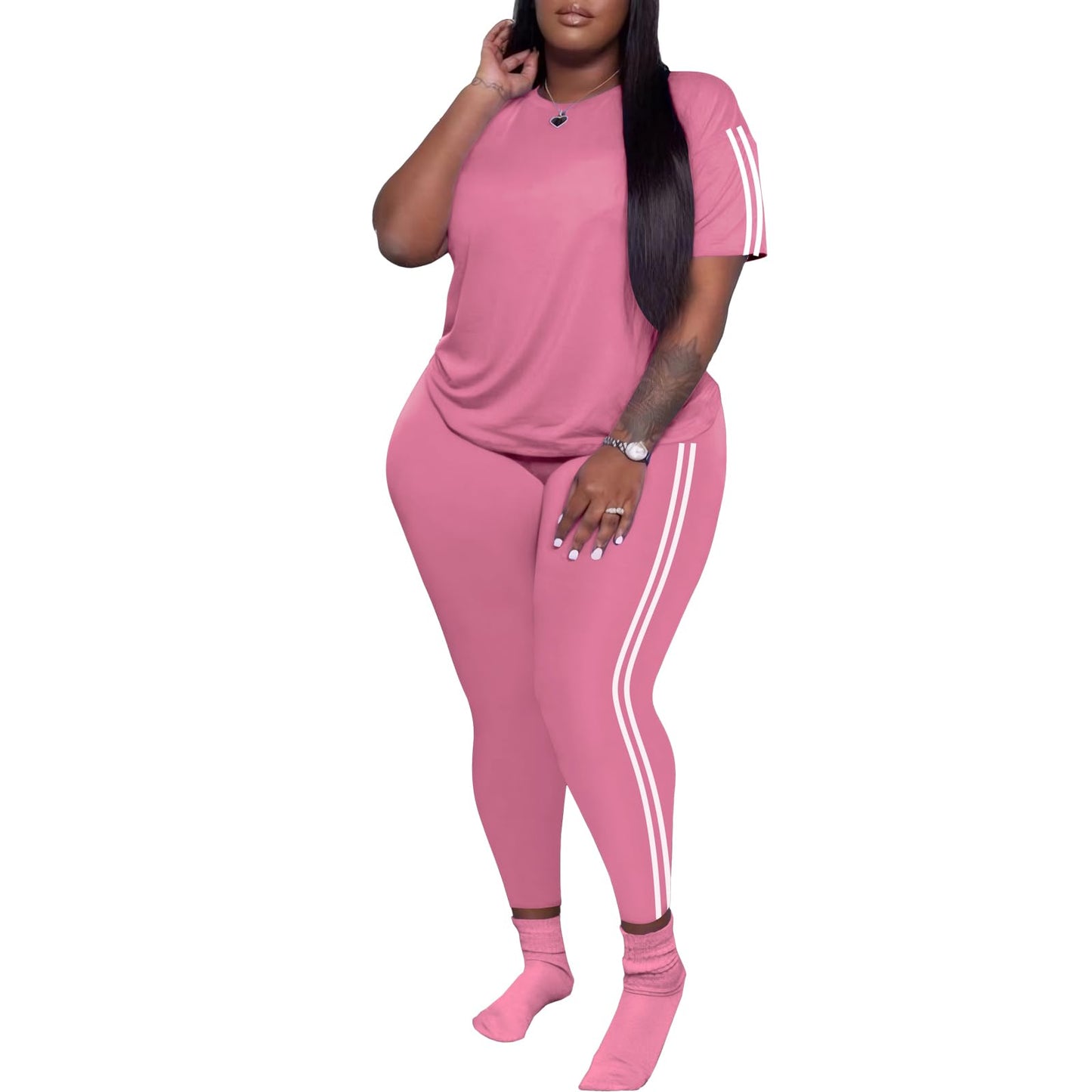 PINSV Women's Plus Size 2 Piece Outfits Tracksuits Short Sleeve Top Pants Sets Sweatsuits