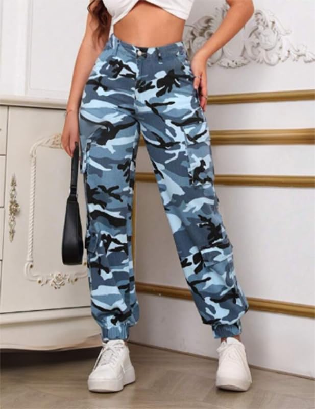 Women's Cargo Jogger Camo Pants with Pockets High Waist Slim Casual Tapered Camouflage Combat Hiking Pants