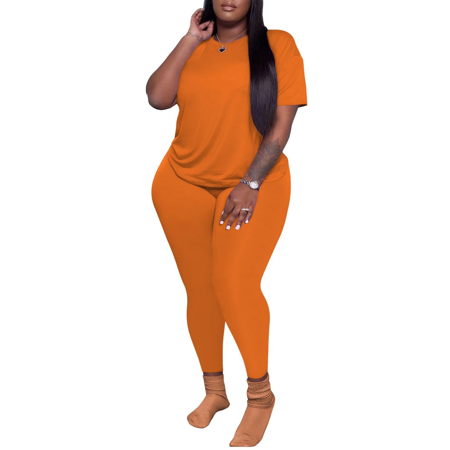 PINSV Women's Plus Size 2 Piece Outfits Tracksuits Short Sleeve Top Pants Sets Sweatsuits