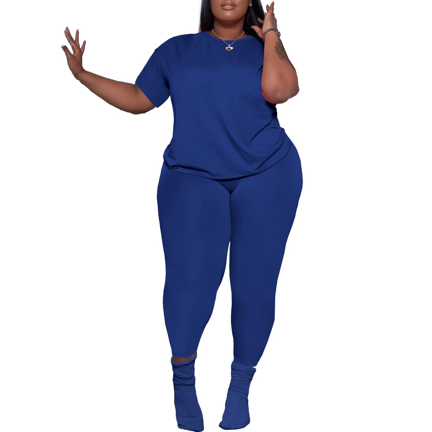 PINSV Women's Plus Size 2 Piece Outfits Tracksuits Short Sleeve Top Pants Sets Sweatsuits