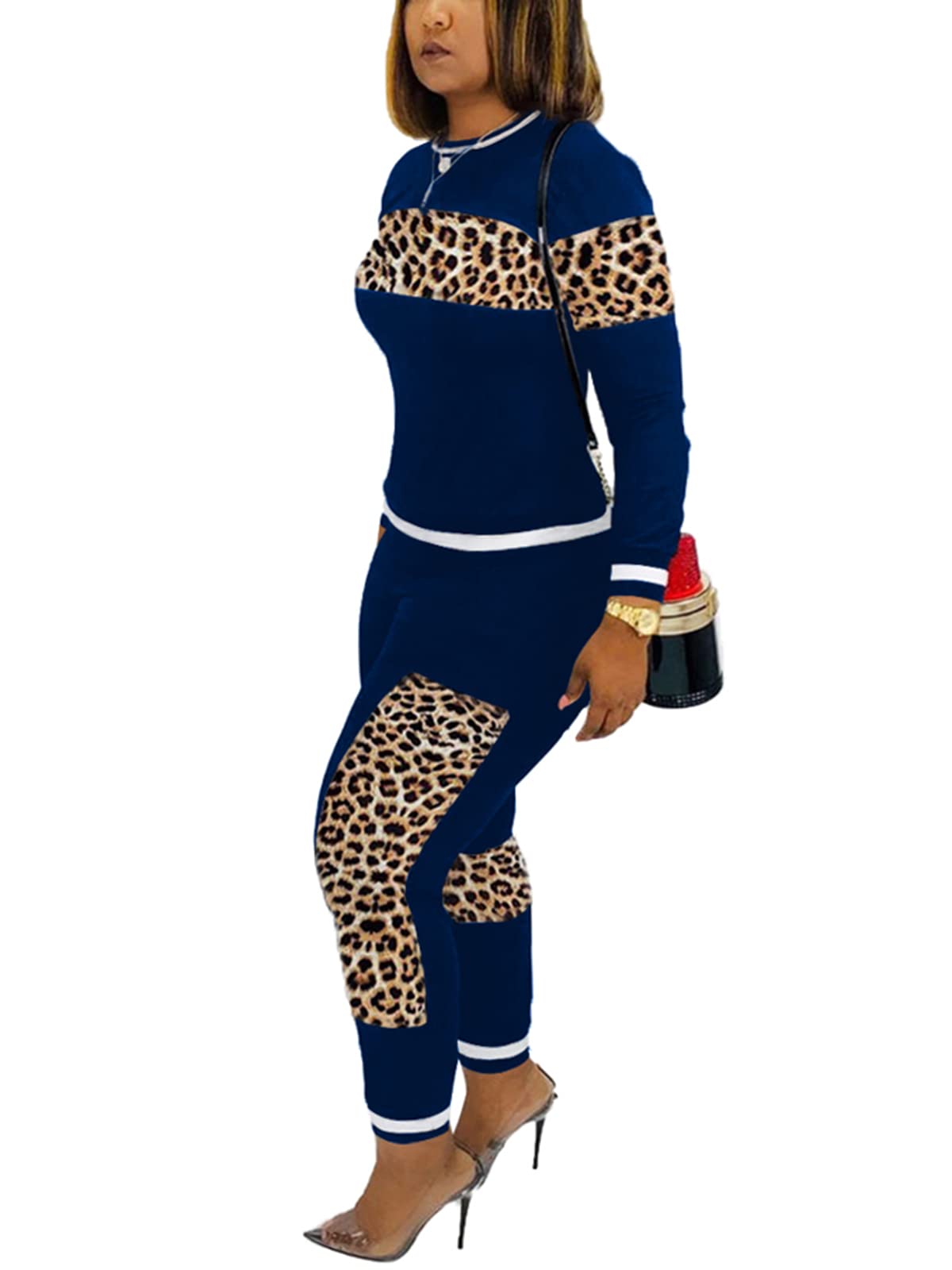 Alunzoem Womens Casual 2 Piece Outfits, Leopard Print Long Sleeve Top Pants Set Tracksuits