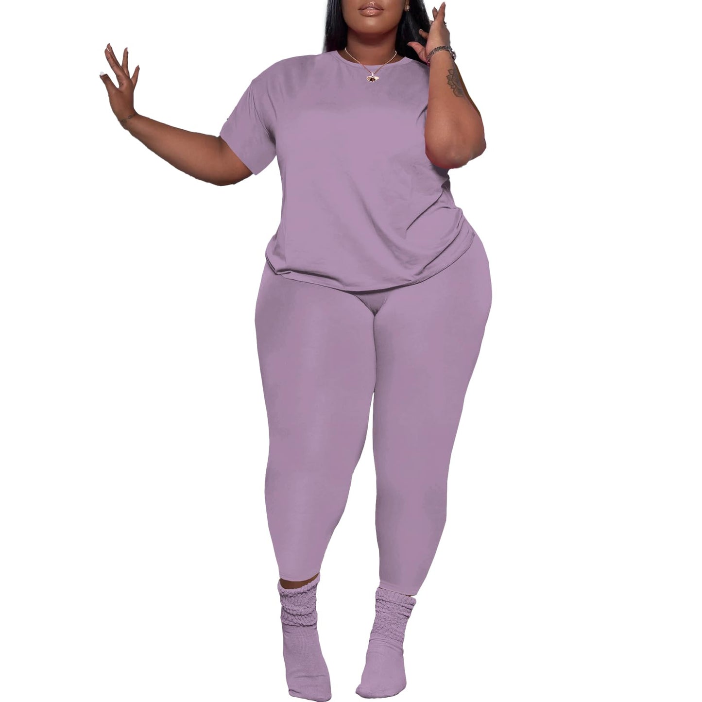 PINSV Women's Plus Size 2 Piece Outfits Tracksuits Short Sleeve Top Pants Sets Sweatsuits