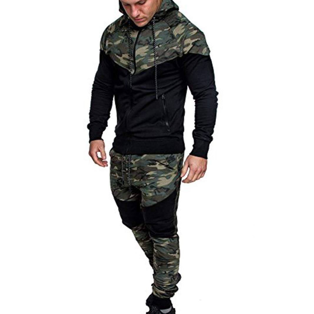 iQKA Men Camouflage Tracksuit Sport Suit Full Zipper Hoodie Fall Sweatshirt Pants Set