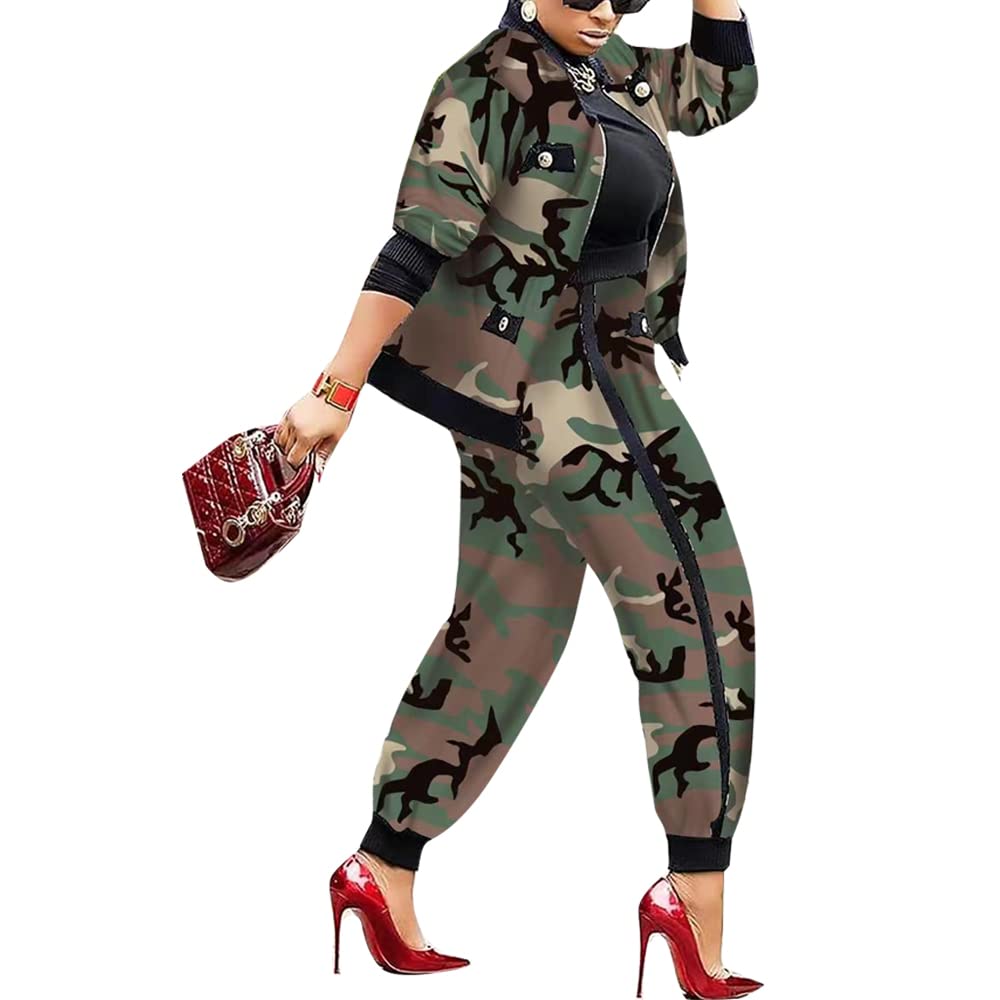 Sexyshine Women's Casual 2 Piece Camouflage Print Outfits Zip Up Long Sleeve Jacket Baggy Long Pants Work Set Tracksuit