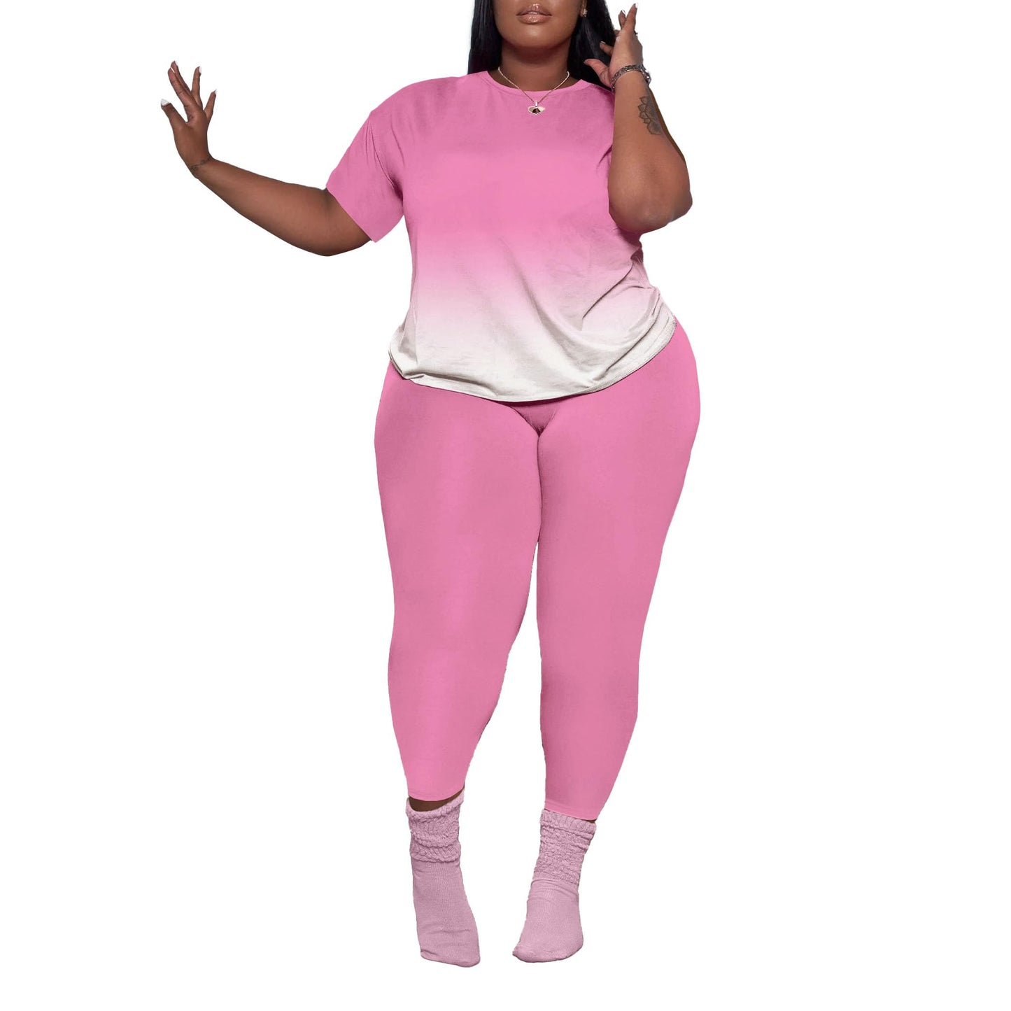 PINSV Women's Plus Size 2 Piece Outfits Tracksuits Short Sleeve Top Pants Sets Sweatsuits