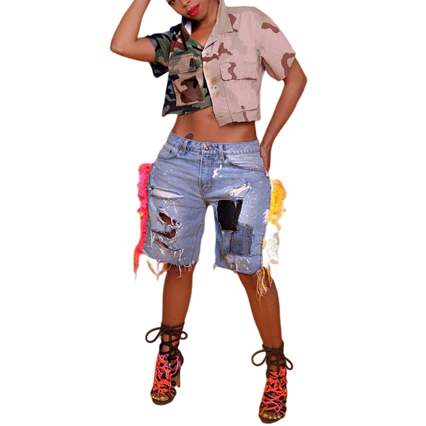 Womens Summer Cute Camo Button Down Cropped Jean Jacket Casual Lapel Outwear Denim Shirts Blouse Top