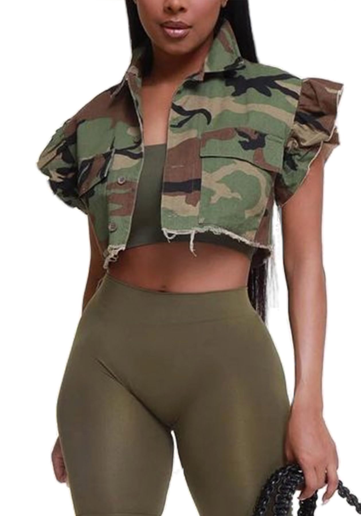 LETSVDO Women's Sexy Camo Halter Vest Backless Sleeveless Lapel V Neck Button Down Jean Crop Tank Top