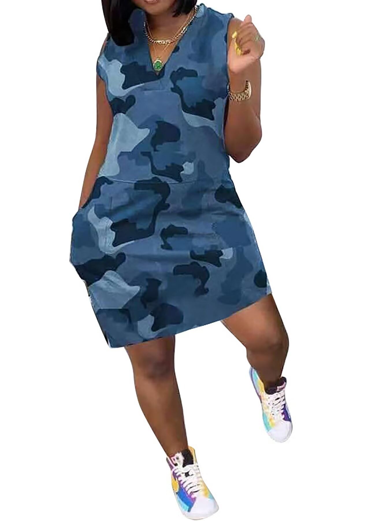 Camouflage Dress for Women Casual Sleeveless V Neck Sundress Cargo Mini Dresses with Pockets