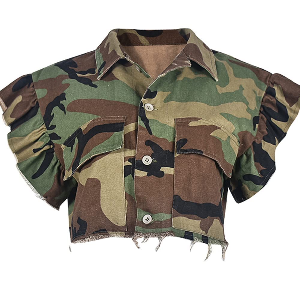 LETSVDO Women's Sexy Camo Halter Vest Backless Sleeveless Lapel V Neck Button Down Jean Crop Tank Top