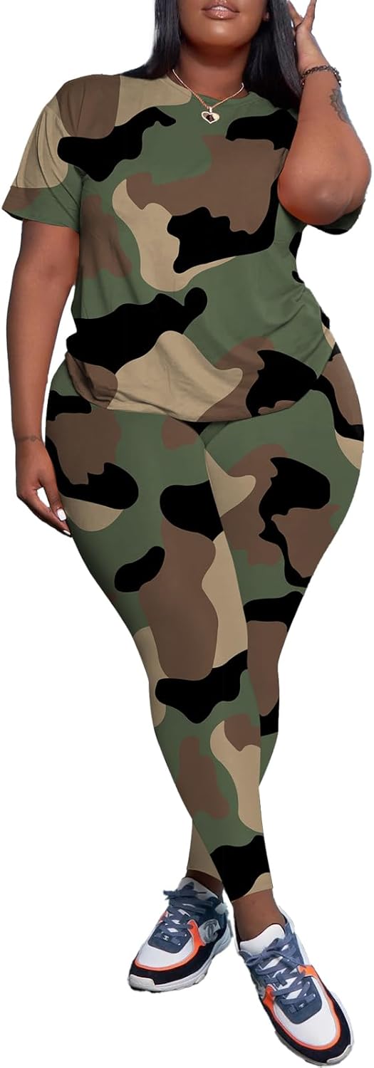 PINSV Women's Plus Size 2 Piece Outfits Tracksuits Short Sleeve Top Pants Sets Sweatsuits