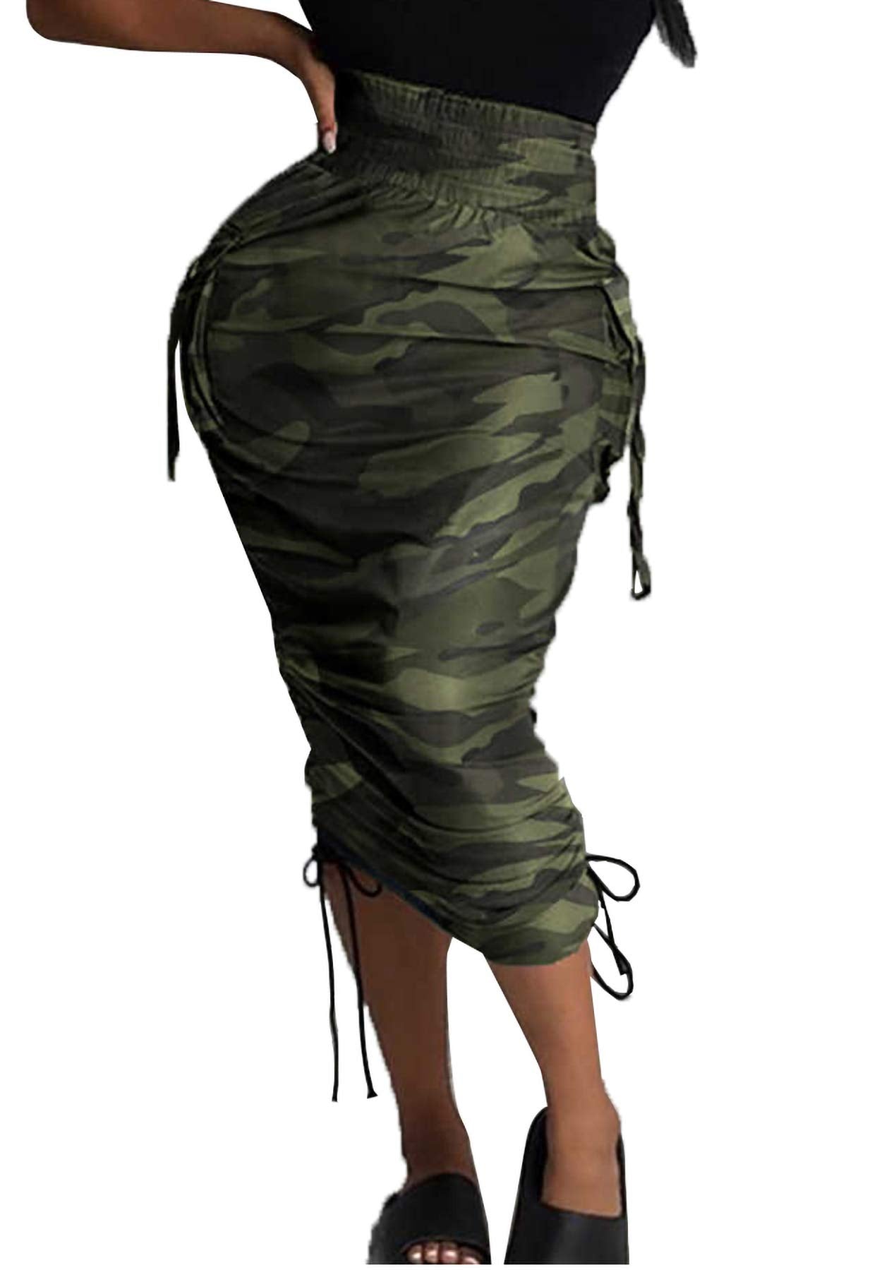 Vakkest Women's Camo Cargo Midi Skirt Elegant High Waist Vintage Dress Slit Front Ruffle Long Bodycon Maxi Skirts