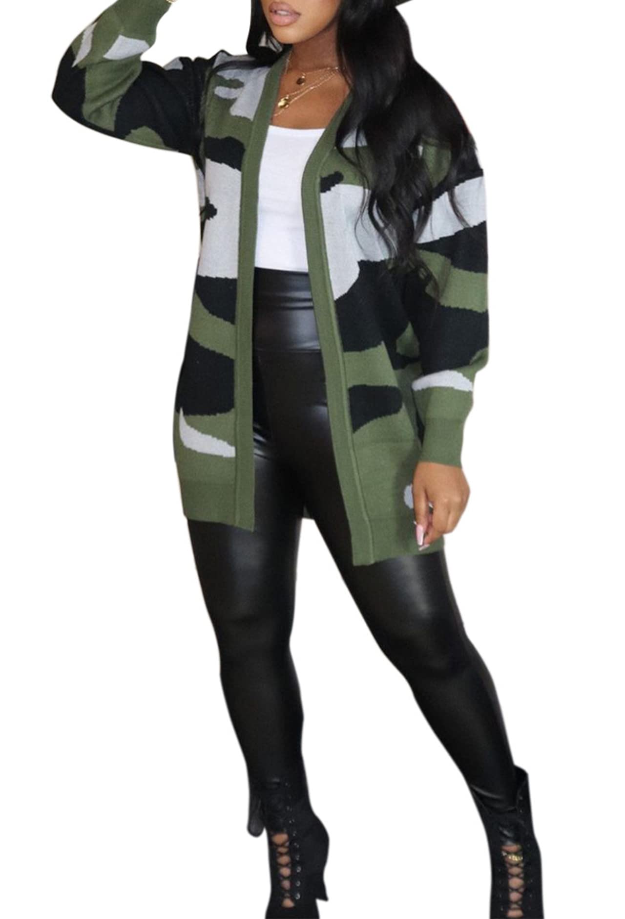 Vakkest Camo Blazer Jacket for Women Lapel Long Sleeve Open Front Cardigan Coat Classic Pockets Overcoat Outwear