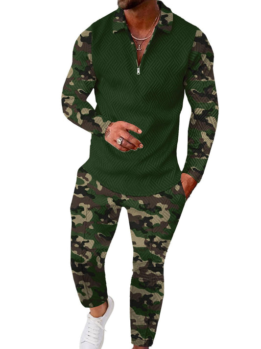 UOUA Mens 2 Piece Set Casual Outfits Polo Long Sleeve Shirt & Pants Track Suit Loungewear Athletic Sweatsuit