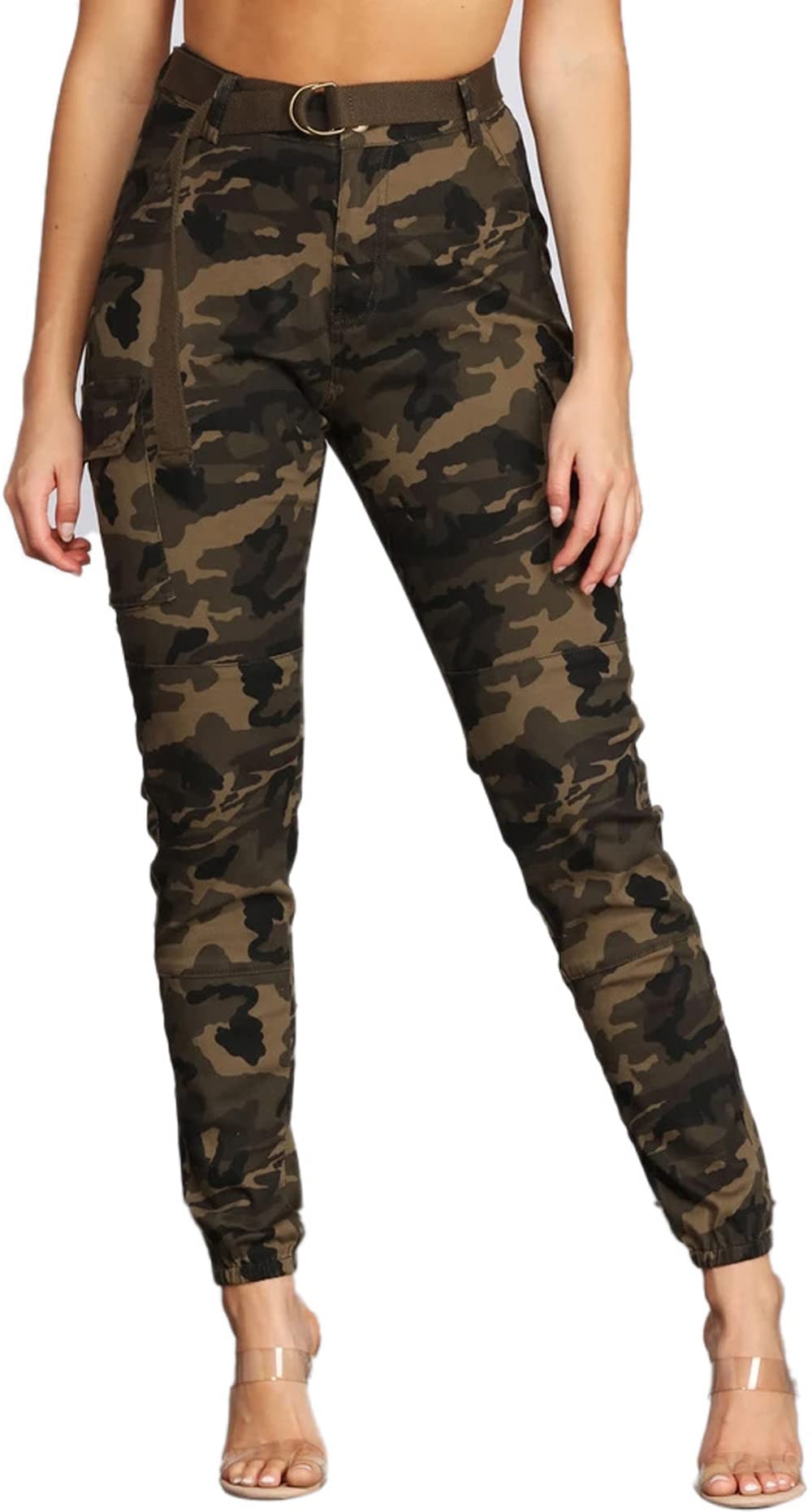 Women's Cargo Jogger Camo Pants with Pockets High Waist Slim Casual Tapered Camouflage Combat Hiking Pants