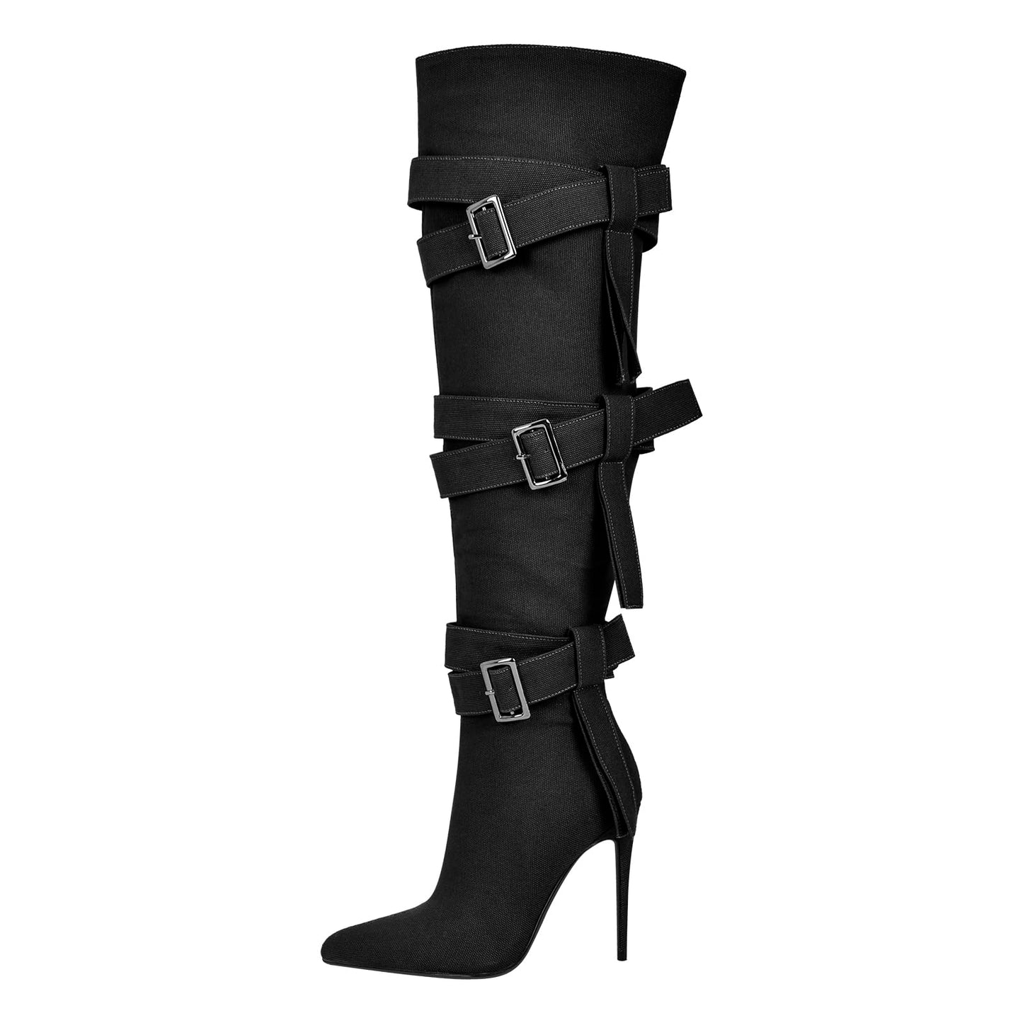 richealnini Women's Thigh High Boots with Straps Canvas Stiletto Heel Sexy Pointed Toe Party Riding Boots