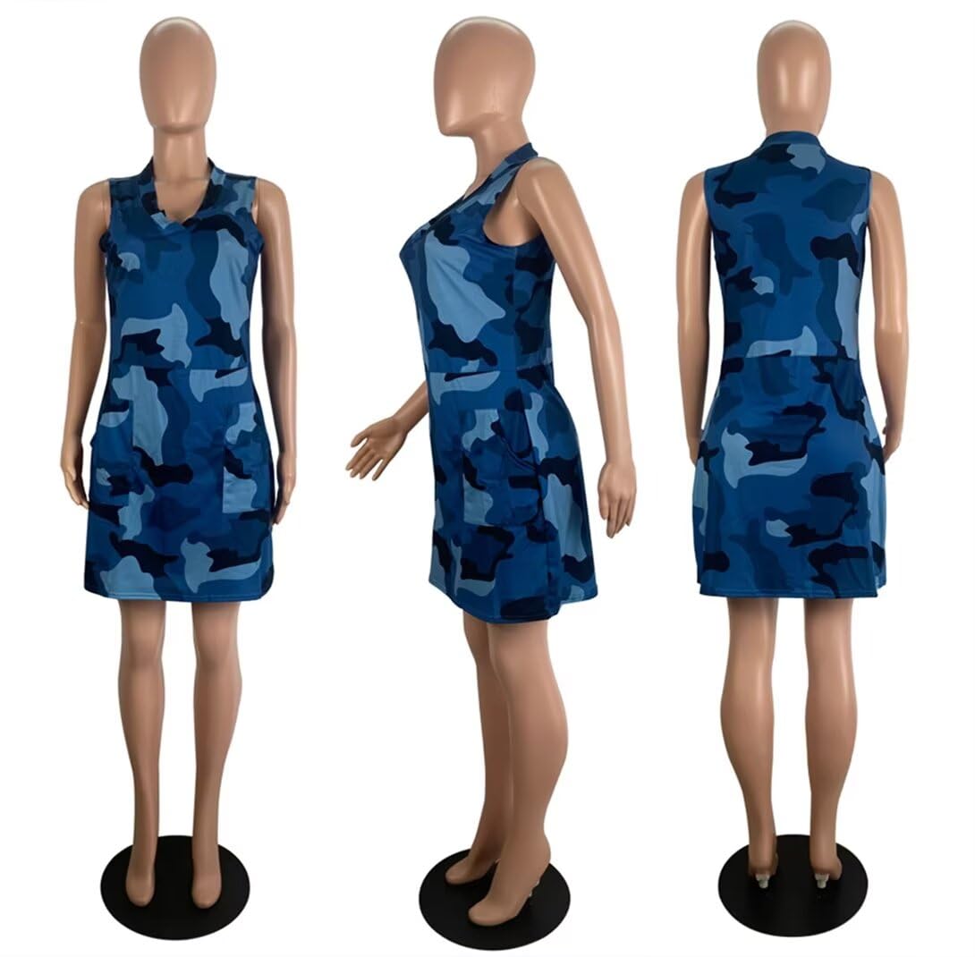 Camouflage Dress for Women Casual Sleeveless V Neck Sundress Cargo Mini Dresses with Pockets