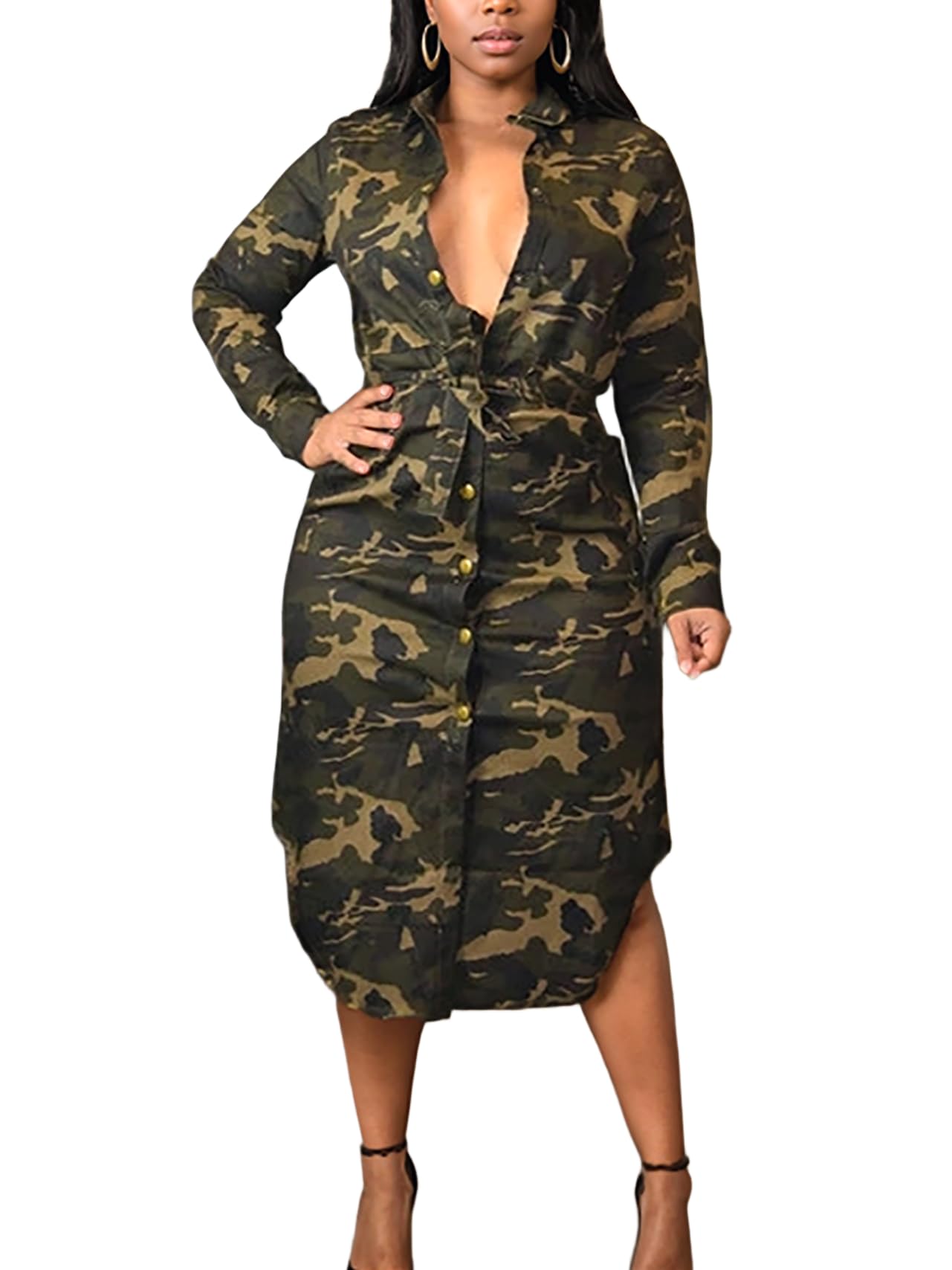 Green Camo Jacket Jean Dress for Women Sexy Long Sleeve Button Stretchy Wrap Midi Dresses with Pockets Belts S-3XL