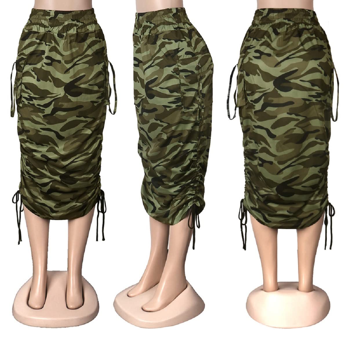 Vakkest Women's Camo Cargo Midi Skirt Elegant High Waist Vintage Dress Slit Front Ruffle Long Bodycon Maxi Skirts