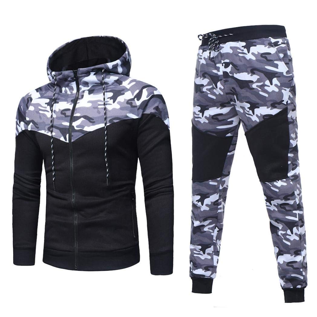 iQKA Men Camouflage Tracksuit Sport Suit Full Zipper Hoodie Fall Sweatshirt Pants Set