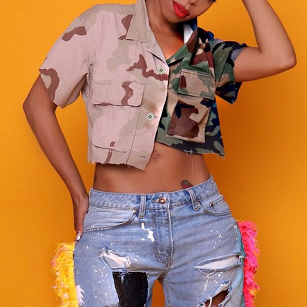 Womens Summer Cute Camo Button Down Cropped Jean Jacket Casual Lapel Outwear Denim Shirts Blouse Top