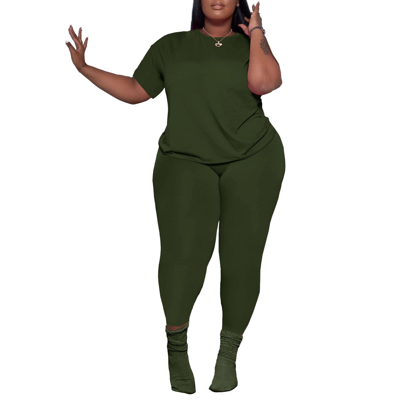 PINSV Women's Plus Size 2 Piece Outfits Tracksuits Short Sleeve Top Pants Sets Sweatsuits