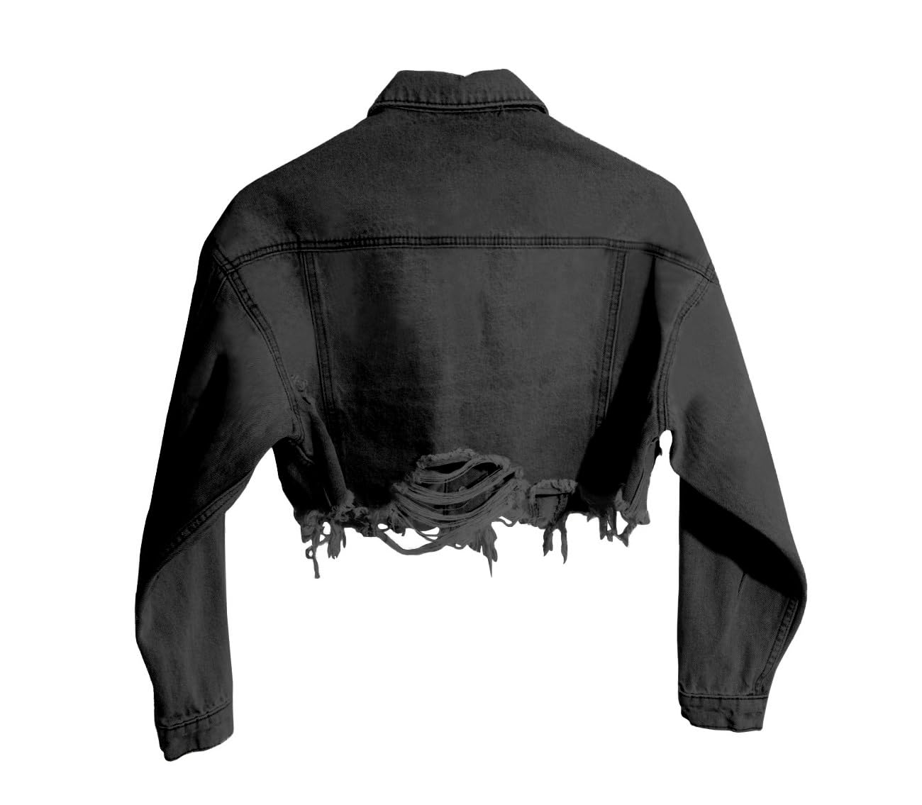 HTD Women's Cropped Jean Jacket Button Up Long Sleeve Ripped Distressed Denim Jacket Frayed Hem