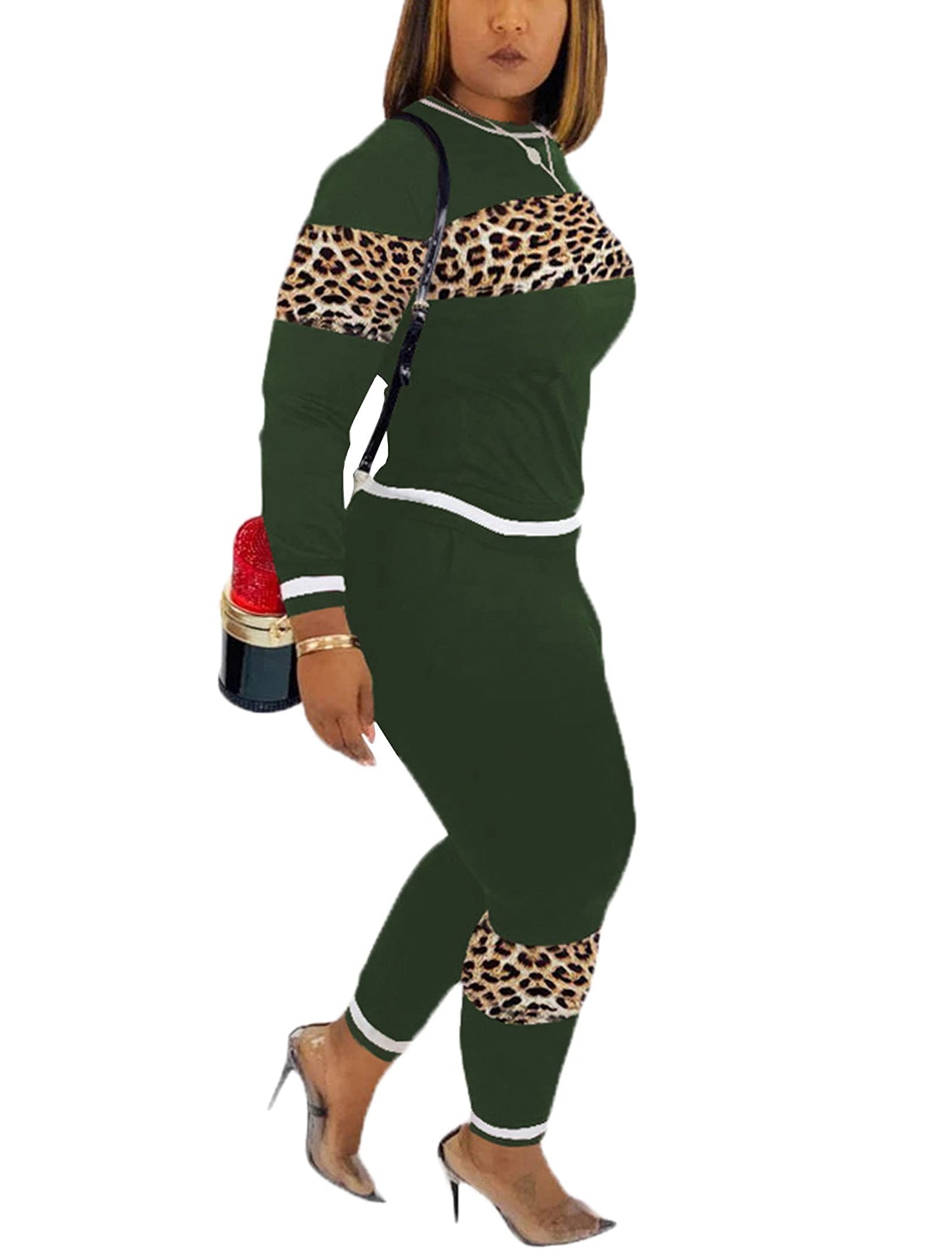Alunzoem Womens Casual 2 Piece Outfits, Leopard Print Long Sleeve Top Pants Set Tracksuits