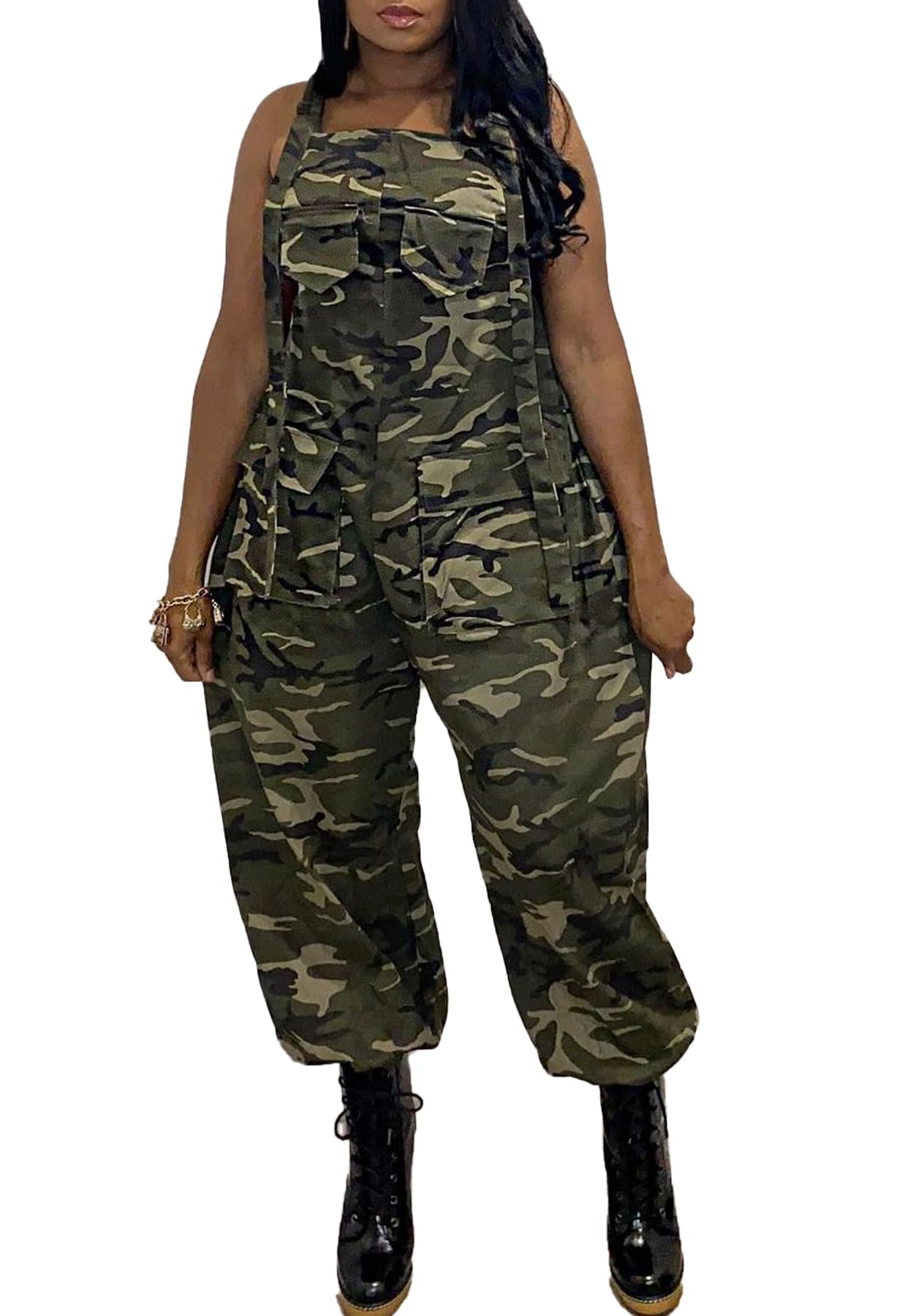 LETSVDO Women's Casual Camo Jumpsuit Cargo Demin Plus Size Camouflage Sleeveless Wide Leg Baggy Bib Jean Overalls Romper