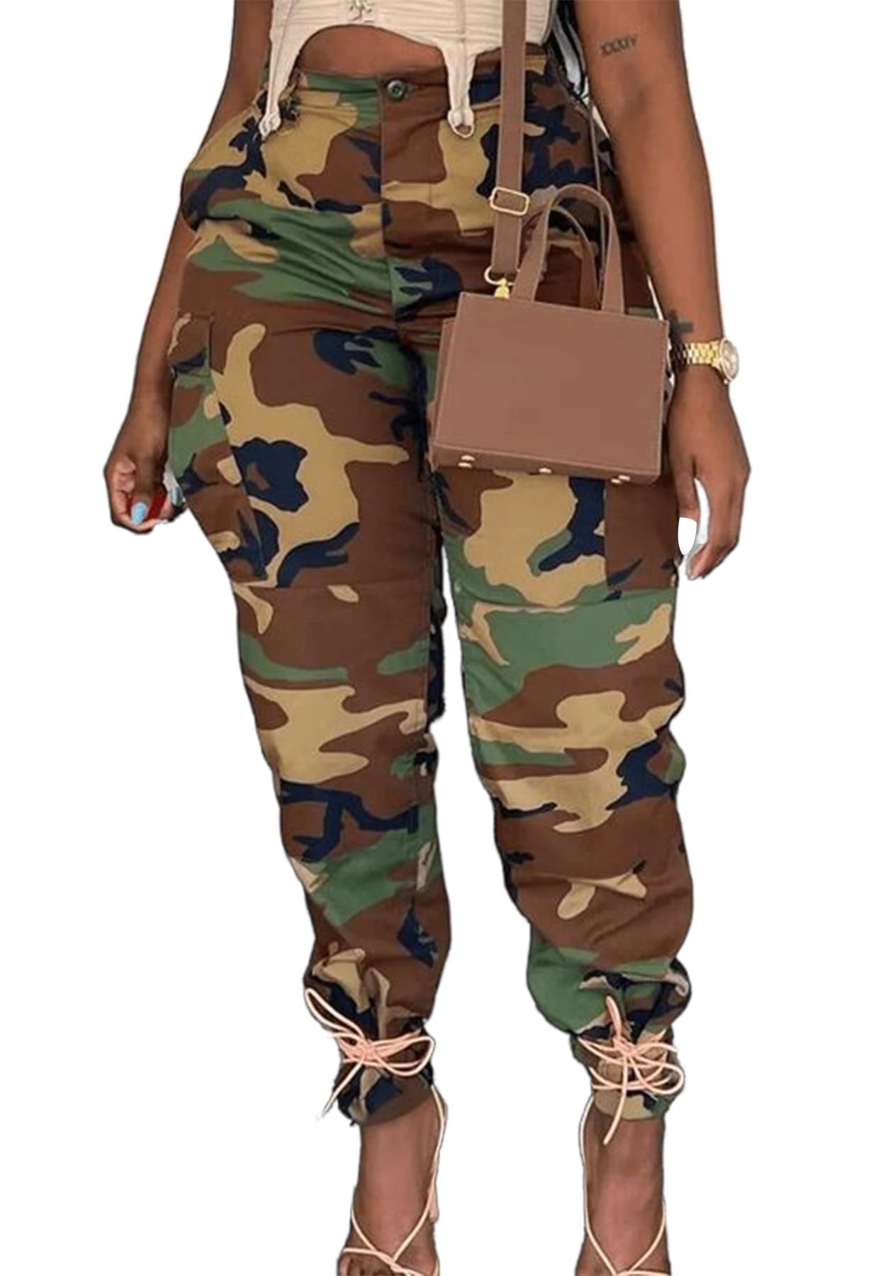 Women's Plus Size Cargo Camo Pants High Waist Slim Fit Camouflage Jogger Pants Sweatpants with Pockets