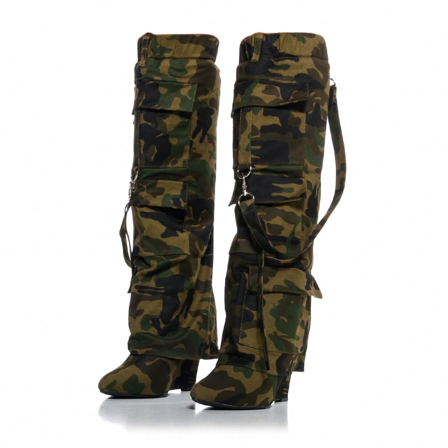 Women's Camo Knee High Boots Slouch High Heels Boots Pointed Stiletto Casual Pull-On Tall Boot Party Dress Shoes