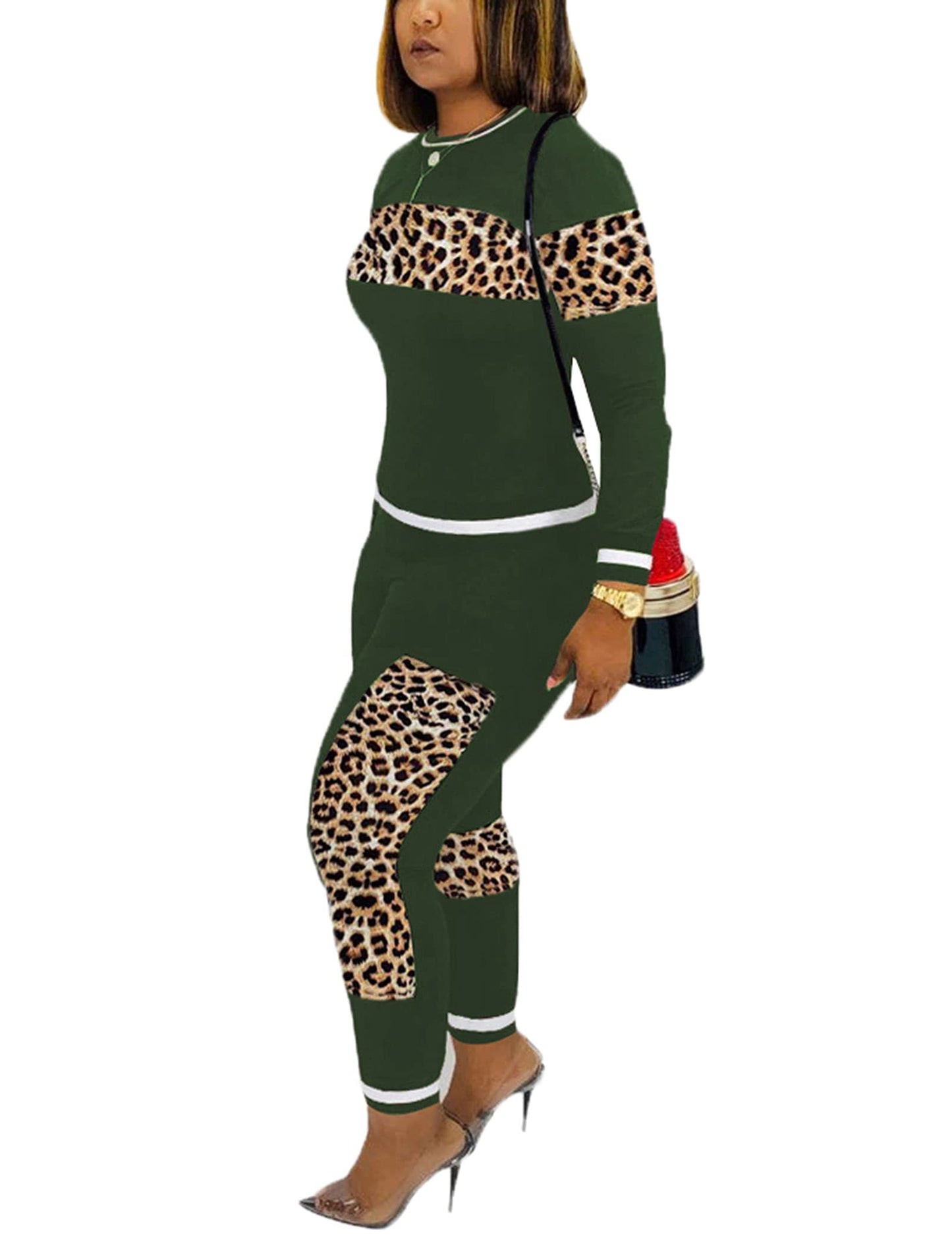 Alunzoem Womens Casual 2 Piece Outfits, Leopard Print Long Sleeve Top Pants Set Tracksuits