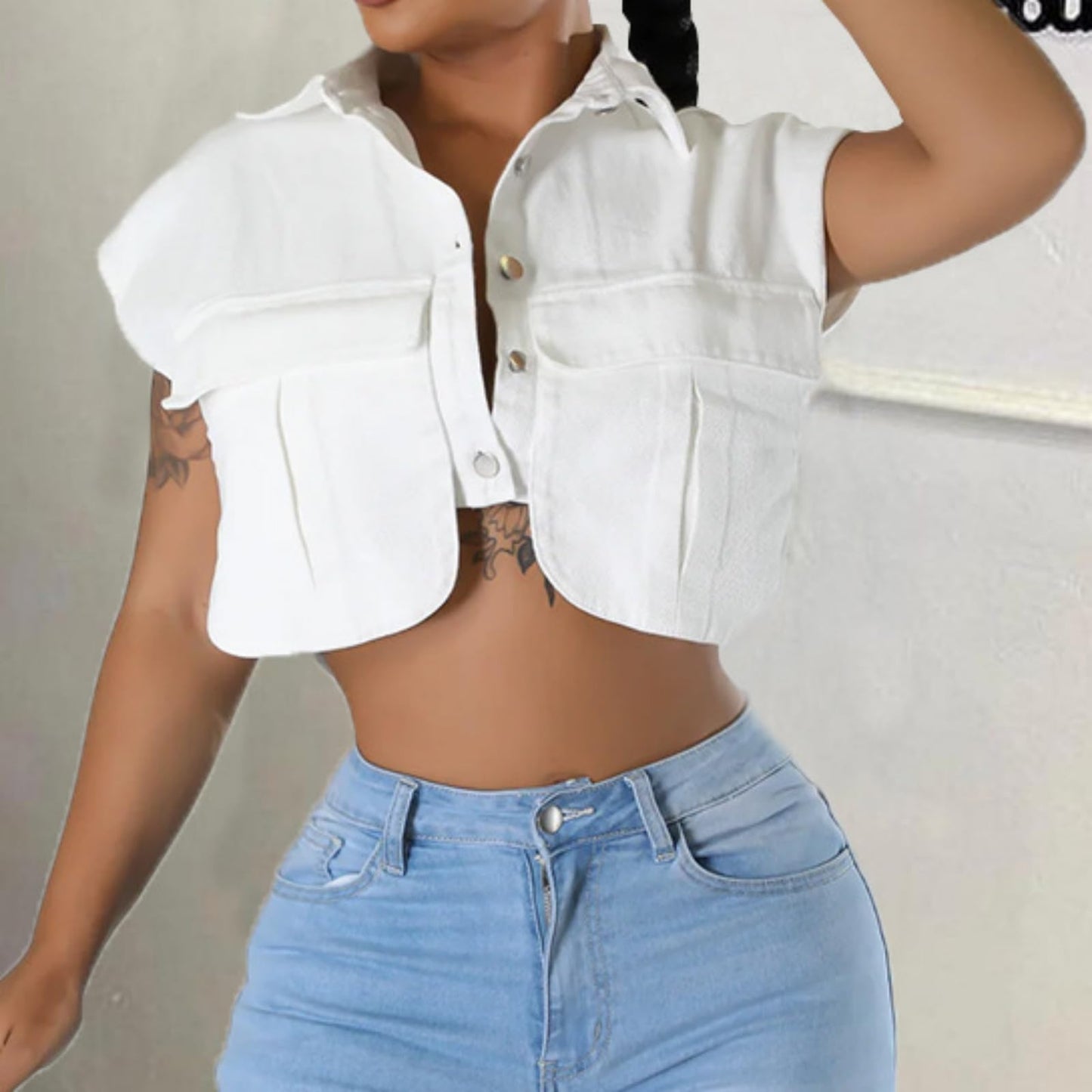 Womens Summer Cute Camo Button Down Cropped Jean Jacket Casual Lapel Outwear Denim Shirts Blouse Top