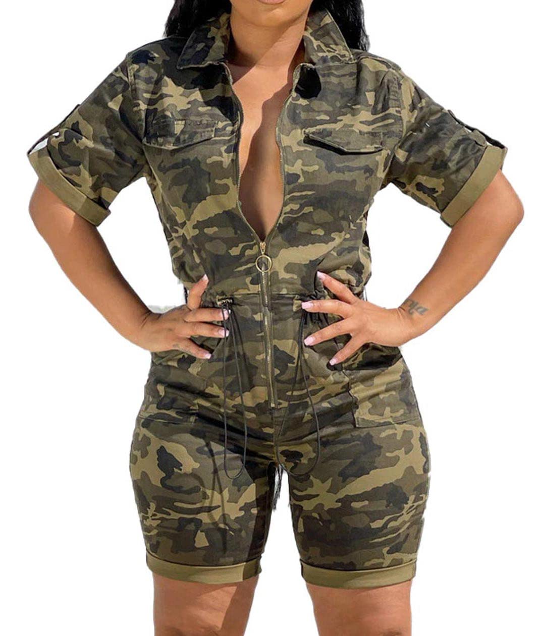 xxxiticat Women's Short Sleeve Military Playsuits High Waist Camo Button Down Rompers Camouflage One Piece Jumpsuit