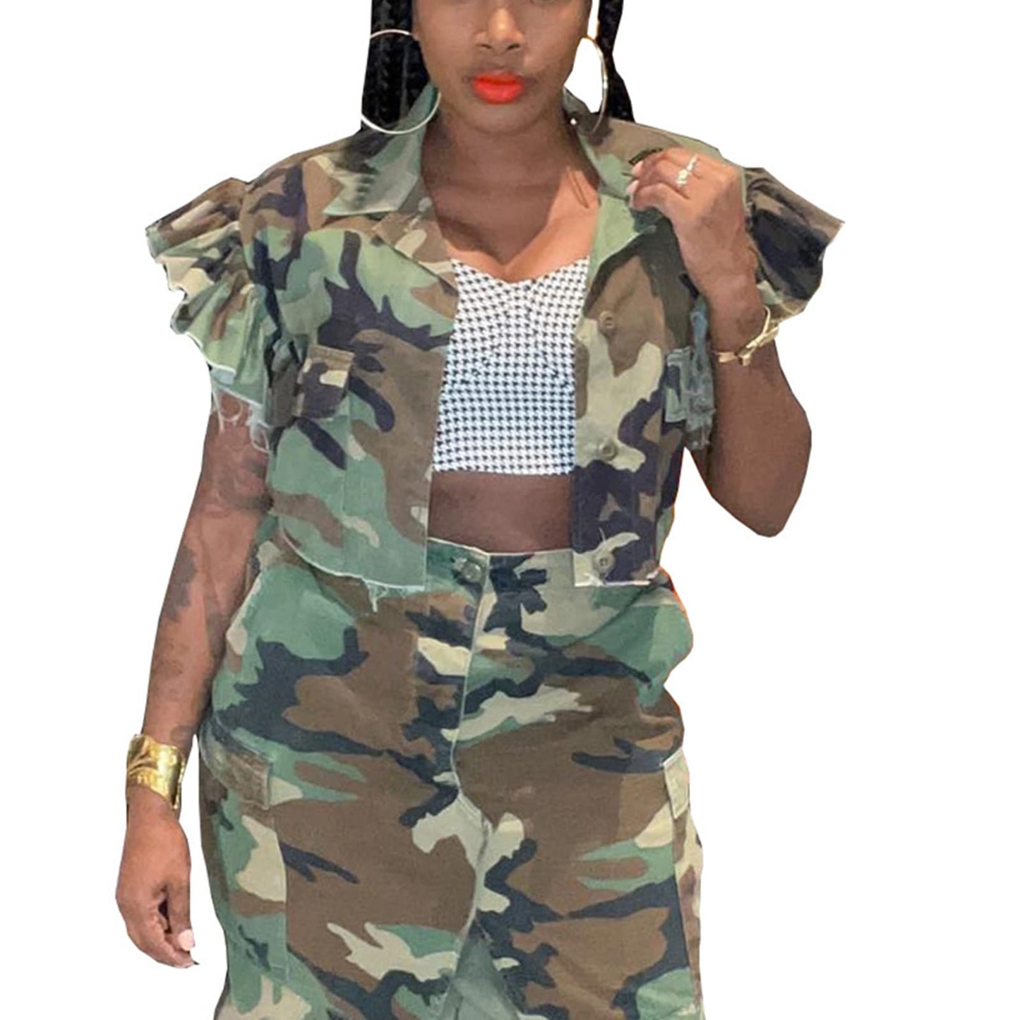 Womens Summer Cute Camo Button Down Cropped Jean Jacket Casual Lapel Outwear Denim Shirts Blouse Top