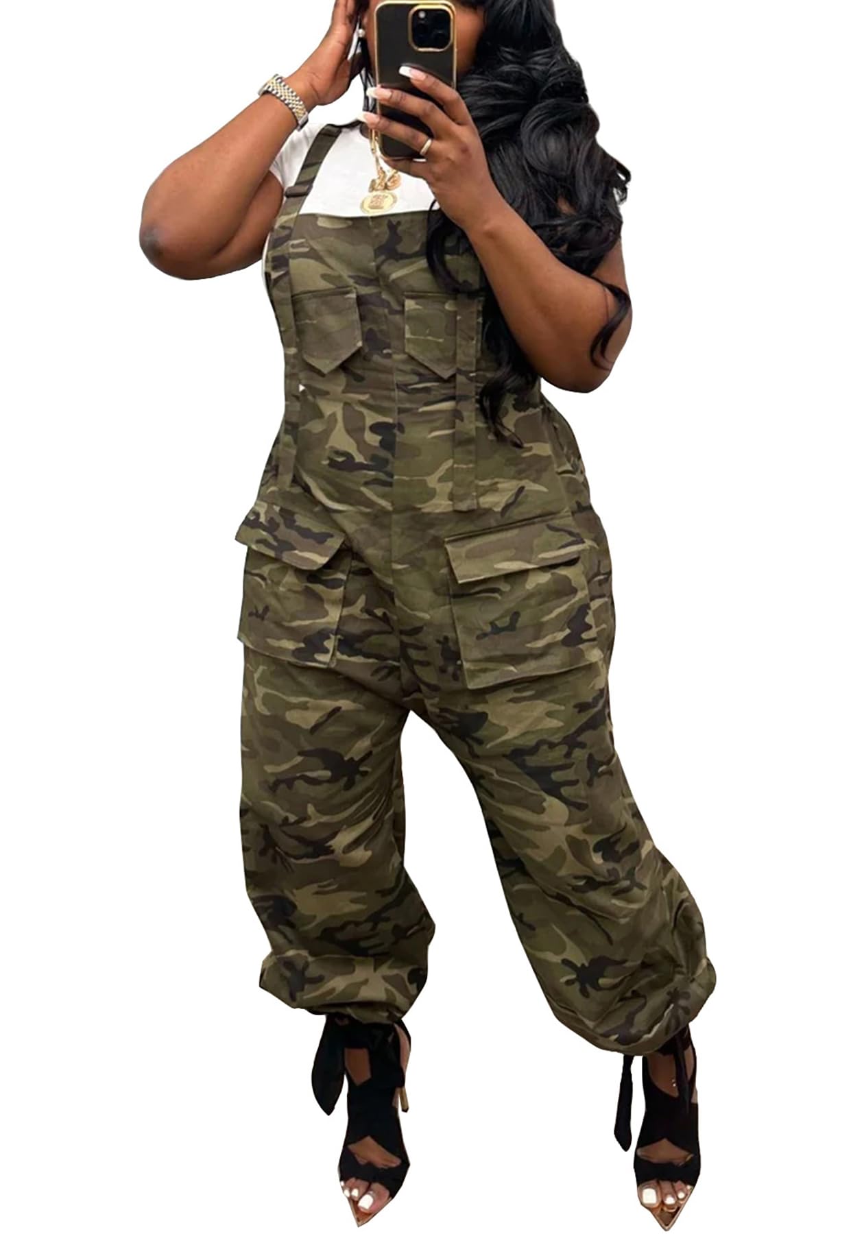 LETSVDO Women's Casual Camo Jumpsuit Cargo Demin Plus Size Camouflage Sleeveless Wide Leg Baggy Bib Jean Overalls Romper