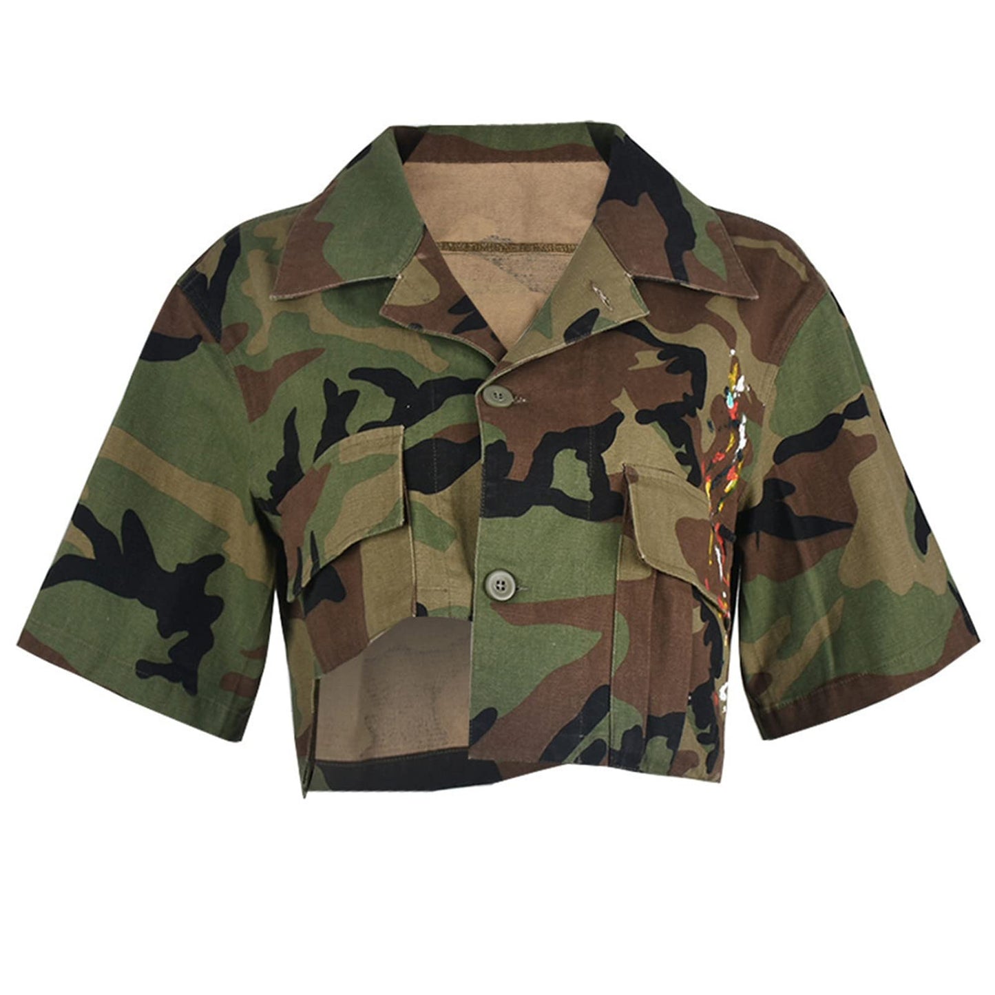 Womens Summer Cute Camo Button Down Cropped Jean Jacket Casual Lapel Outwear Denim Shirts Blouse Top