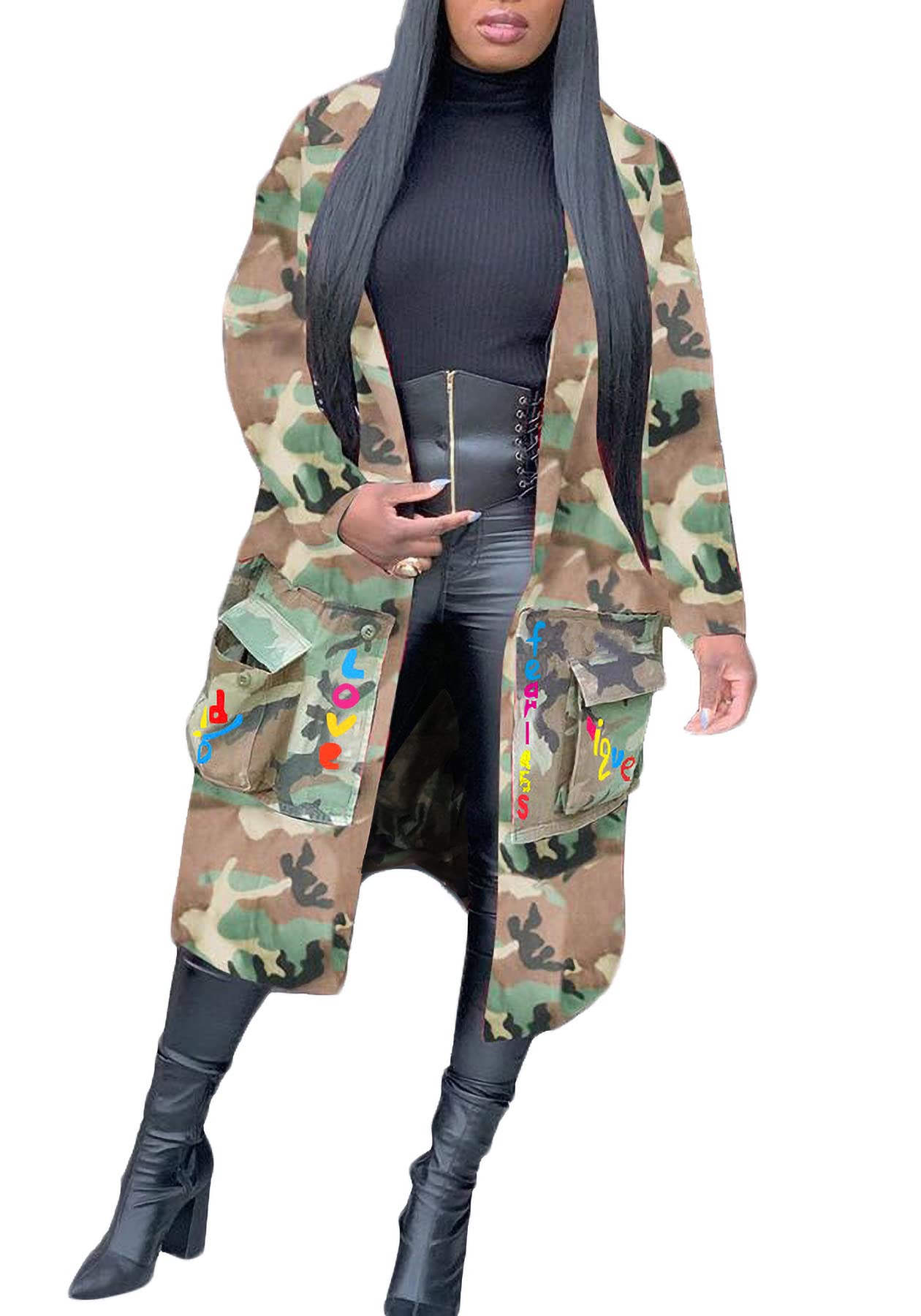 Vakkest Camo Blazer Jacket for Women Lapel Long Sleeve Open Front Cardigan Coat Classic Pockets Overcoat Outwear