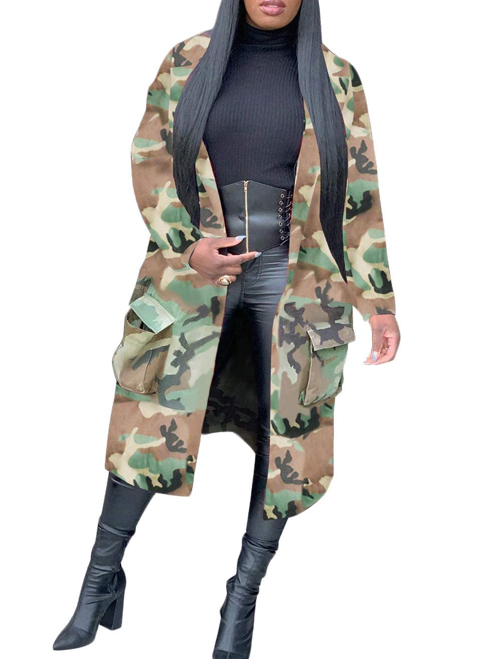 Vakkest Camo Blazer Jacket for Women Lapel Long Sleeve Open Front Cardigan Coat Classic Pockets Overcoat Outwear