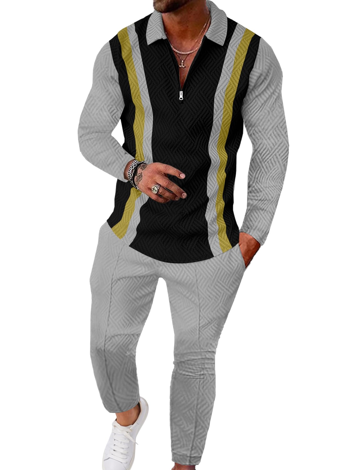 UOUA Mens 2 Piece Set Casual Outfits Polo Long Sleeve Shirt & Pants Track Suit Loungewear Athletic Sweatsuit