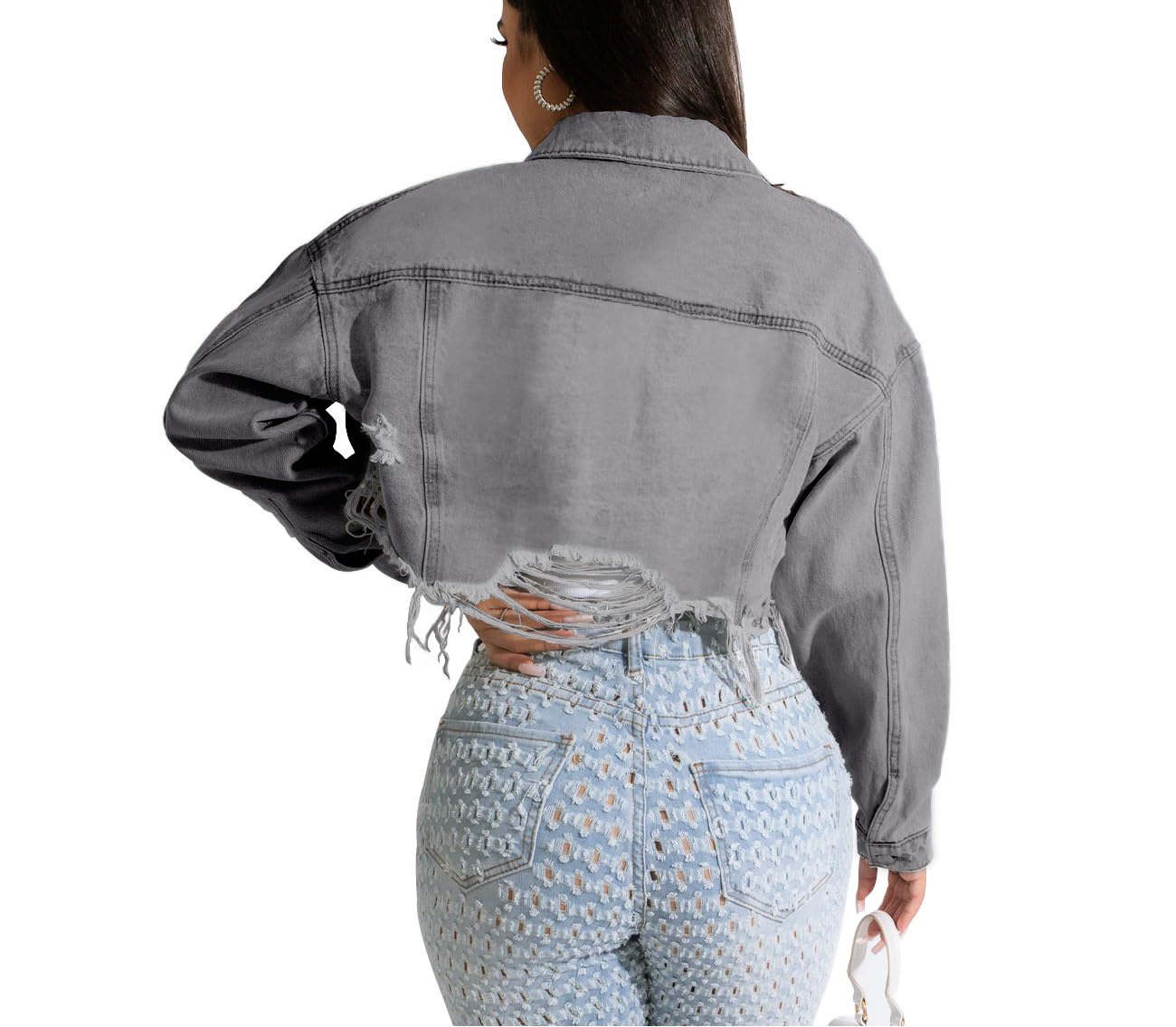 HTD Women's Cropped Jean Jacket Button Up Long Sleeve Ripped Distressed Denim Jacket Frayed Hem